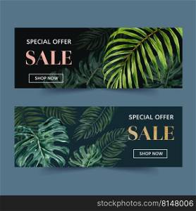 Banner design with classic tropical plants, watercolor monstera and palms vector illustration.