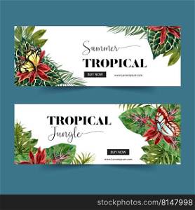 Banner design with classic tropical theme, creative butterfly with foliage vector illustration. 