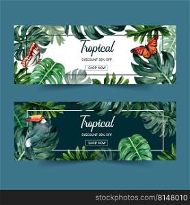 Banner design with classic tropical theme, creative Toucan with foliage vector illustration. 