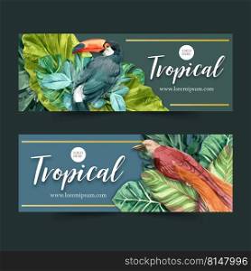 Banner design with classic wild tropical theme, bird with foliage vector illustration template.