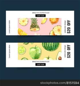 Banner design with Fruits theme, watermelon and apple watercolor vector illustration.