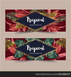 Banner design with monstera, palms and red leaves concept, contrast color vector illustration. 