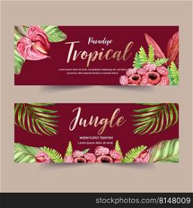 Banner design with red-toned vector illustration, creative watercolor tropical plants concept. 