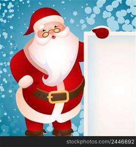 Banner design with Santa Claus. Cartoon character of Santa with snowflakes on background with empty space for inscription. Can be used for posters, banners, greetings. Banner design with Santa Claus