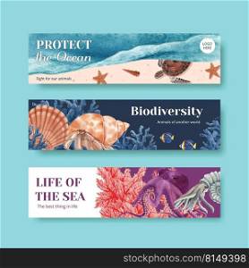 Banner design with sealife theme, watercolor element vector illustration template. 