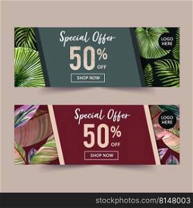 Banner design with simple tropical theme, creative watercolor vector illustration template. 