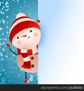 Banner design with snowman and snowflakes. Cartoon character of snowman and snowflakes on background. Can be used for presentations, posters, greetings. Banner design with snowman and snowflakes 