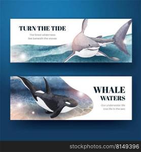 Banner design with squid and other types of sealife, contrast color vector illustration template. 
