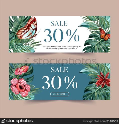 Banner design with tropical theme, butterfly with foliage vector illustration template. 
