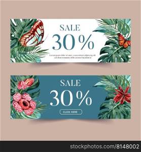 Banner design with tropical theme, butterfly with foliage vector illustration template. 
