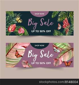 Banner design with tropical theme, creative butterfly with foliage and flowers vector illustration.