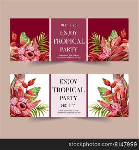 Banner design with tropical theme, creative flower and foliage red-toned vector illustration. 