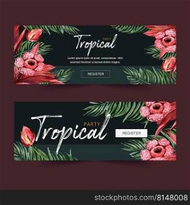 Banner design with tropical theme, creative flower and foliage vector illustration. 
