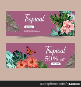 Banner design with tropical theme, watercolor orchid and hibiscus vector illustration. 