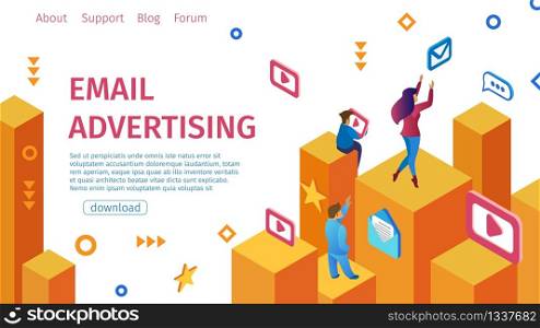 Banner Email Advertising Flat Vector Illustration. Complex Telemarketing Tool that Helps to Ensure and Support Sales. Modern Men and Women Golden Bars Work with Electronic Networks.. Banner Email Advertising Flat Vector Illustration.