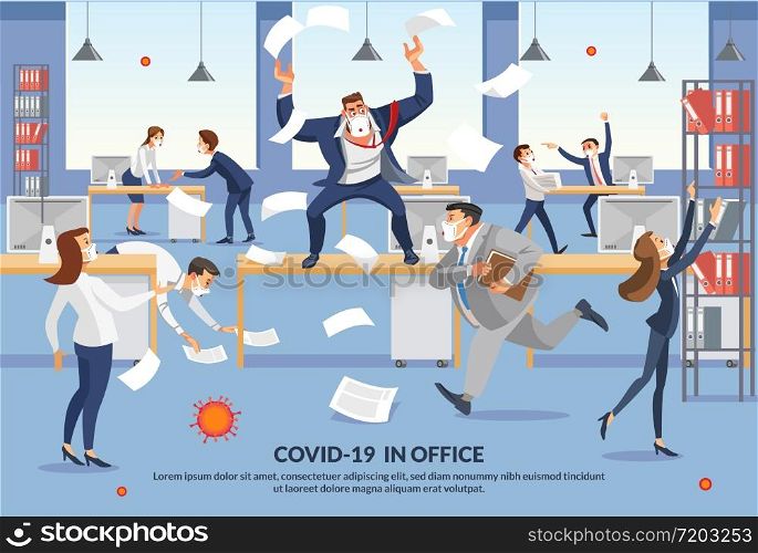 Banner Employees Panic over Covid-19 in Office. Angry Boss Shout in Chaos Office Because Failure Deadline. Stressed Vector Cartoon Characters. Office Workers Hurry up with Job. Cartoon Characters