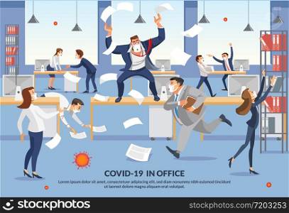 Banner Employees Panic over Covid-19 in Office. Angry Boss Shout in Chaos Office Because Failure Deadline. Stressed Vector Cartoon Characters. Office Workers Hurry up with Job. Cartoon Characters
