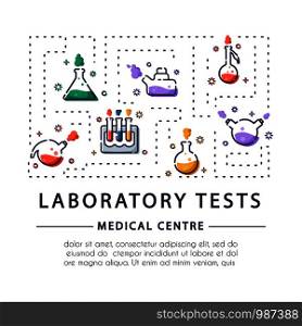 Banner, flayer for medical centre with outline icons - laboratory flask, test tube for diagnosis, screening tests. Medical, scientific lab equipment. design for magazines, advertising poster - vector. Laboratory Flasks Icon Set