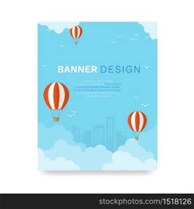 Banner flyer cloud on blue sky with white and red color balloons flat design cartoon style and many birds flying vector background behind is a city view