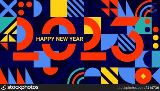 Banner for 2023 New Year.Greeting poster with numbers on geometric minimalistic background with simple geometry shapes.Template for flyer,web, cover,calendar,web,presentation,print.Vector illustration. Geometric minimalistic background.