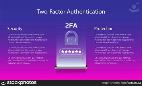 Banner for 2FA two-factor authentication with smartphone and padlock. Protecting your money. Unlocking via mobile phone. Vector illustration for a website.