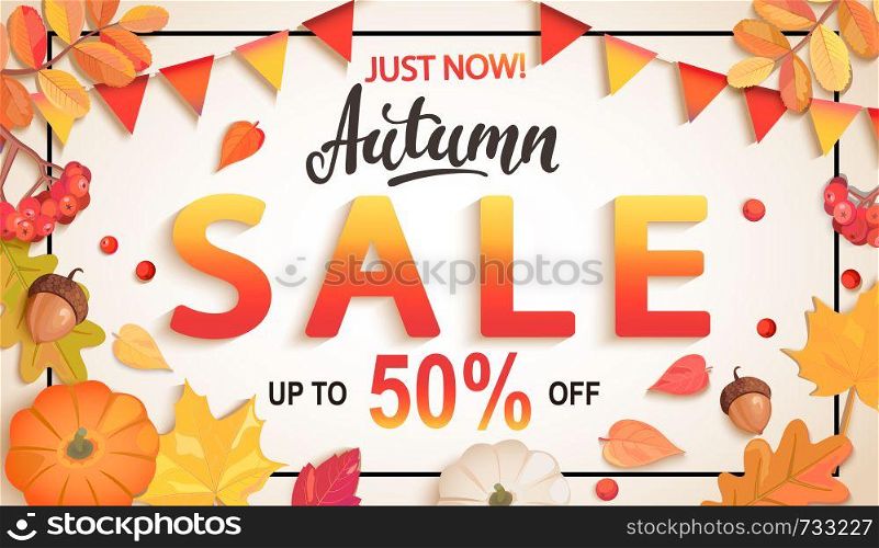 Banner for Autumn sale, 50 percent discount with seasonal fall leaves, rowan, pumpkin, acorn, flags for shopping promotions,prints,flyers,invitations, special offer poster.Top view.Vector illustration. Banner for Autumn sale with big discounts.