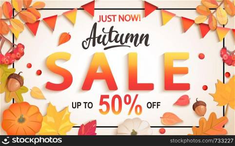 Banner for Autumn sale, 50 percent discount with seasonal fall leaves, rowan, pumpkin, acorn, flags for shopping promotions,prints,flyers,invitations, special offer poster.Top view.Vector illustration. Banner for Autumn sale with big discounts.
