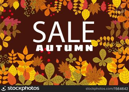 Banner for Autumn Sale, background with falling leaves, yellow, orange, brown fall lettering. Banner for Autumn Sale, background with falling leaves, yellow, orange, brown, fall, lettering, template for poster, banner, vector, isolated