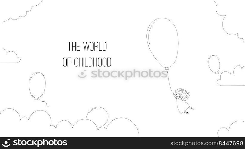 Banner for children, a girl flies on a balloon. For a toy or baby clothing store. Childhood protection