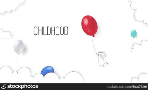 Banner for children, For a toy store or children’s clothing. Children’s holiday and protection of childhood. The girl is flying in a red balloon.