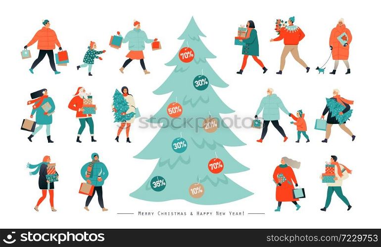 Banner for Christmas sale. People going after shopping, tearing off discount coupons from a Xmas tree. Banner for Christmas sale. People going after shopping, tearing off discount coupons from a Xmas tree.