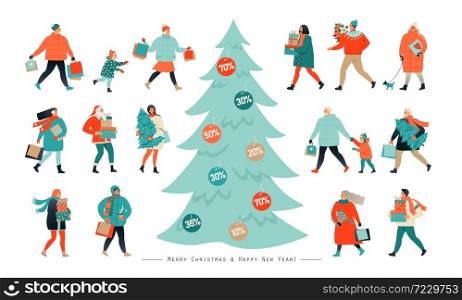 Banner for Christmas sale. People going after shopping, tearing off discount coupons from a Xmas tree. Banner for Christmas sale. People going after shopping, tearing off discount coupons from a Xmas tree.