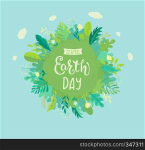 Banner for Earth Day for environment safety celebration. Green planet with grown plants, leaves and hand drawn lettering for cards, posters, advertise.Eco friendly world.Ecology concept.Vector. Banner for Earth Day for environment safety celebration.