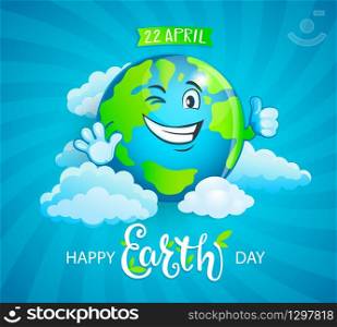 Banner for Earth Day. Smiling planet with funny emotion and thumb up. Eco friendly world.Ecology concept.Decoration for greeting cards, prints, badges, posters.Vector illustration.. Banner for Earth Day.