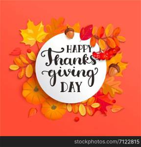 Banner for happy thanksgiving day celebration with frame and seasonal fall leaves, rowan, pumpkin, acorn for nice holiday. Perfect for prints, flyers, invitations, greetings. Vector illustration.. Banner for happy thanksgiving day celebration.