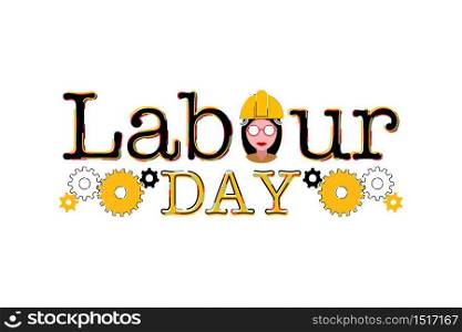 Banner for international Labor Day with illustration of worker and gears.