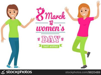 Banner for International Women’s Day. Flyer for March 8 with decor and different fonts. Pattern of spring holiday. Girls dancing and enjoying holiday. Happy women on March 8 vector illustration. Girls dancing and enjoying holiday. Happy women on March 8. Banner for International Women’s Day