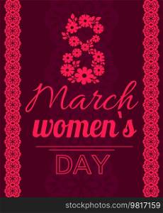Banner for International Womens Day. Flyer for March 8 with decor and different fonts. Template of spring holiday greeting card. Number 8 with ribbon text and decorations on pink background. Banner for International Womens Day. Flyer for March 8. Pattern of spring holiday greeting card