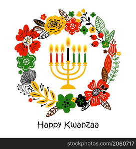 Banner for Kwanzaa with traditional candles representing the Seven Principles or Nguzo Saba. Lettering Happy Kwanzaa.. Banner for Kwanzaa with traditional candles representing the Seven Principles or Nguzo Saba. Lettering Happy Kwanzaa. Vector greeting card in wreath background.