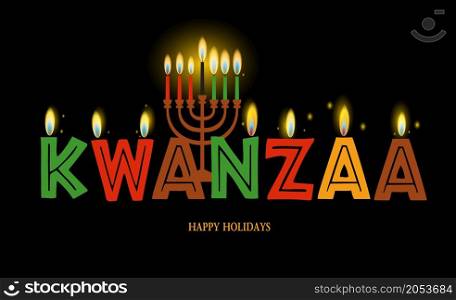 Banner for Kwanzaa with traditional colored and candles.. Banner for Kwanzaa with traditional colored and candles on yellow background representing the Seven Principles or Nguzo Saba .