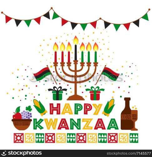 Banner for Kwanzaa with traditional colored and candles.. Banner for Kwanzaa with traditional colored and candles representing the Seven Principles or Nguzo Saba .
