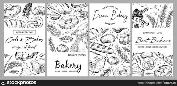 Banner for the sale of bread products, vector illustration. Round bread and loaf, inscription cafe and bakery original food. Cupcake and baguette, seeds next to the bag. Mill and ears. Banner for the sale of bread products, set