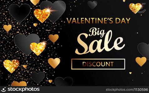 Banner for Valentines day big sale.Discount card with place for text.Poster in Gold and black with glitters,shiny hearts,shimer,sparkle.Template for flyer,invitation for holiday.Vector illustration.. Banner for Valentines day big sale.
