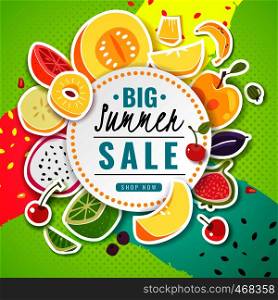Banner fruit. Poster fresh food juice summer fruits offer sale discount season price flyer card text colorful frame cartoon, vector promotion template. Banner fruit. Poster fresh food juice summer fruits offer sale discount price flyer card text colorful frame cartoon, vector promotion