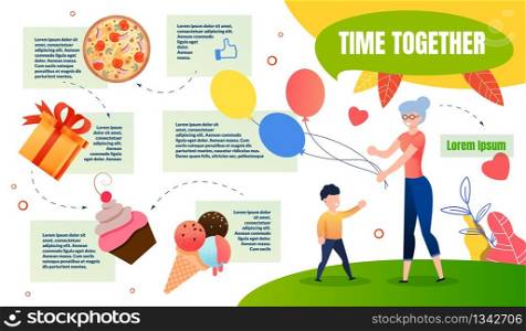 Banner Grandson and Grandmother, Time Together. Grandmother in Sportswear Walks with her Grandson and Gives him Balloons against Background Gifts and Sweets Flat. Vector Illustration.
