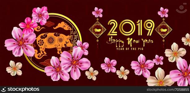 banner happy new year 2019 greeting card and chinese new year of the pig