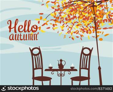 Banner Hello Coffee street cafe, outdoor, tree, fall mood, night. Table, chair, cup, kettle, medieval architecture retro style poster vector illustration. Banner Hello Coffee street cafe, outdoor, tree, fall mood, night