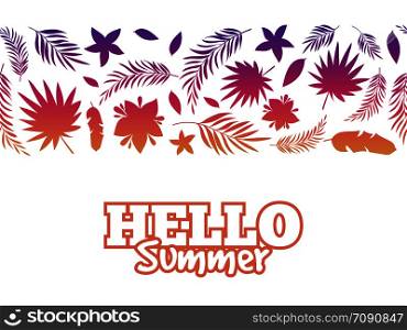 Banner hello summer background with colorful tropical leaves. Vector illustration. Hello summer background with colorful tropical leaves