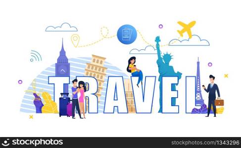 Banner Illustration Company Travel Organizer Dream. People on Background Historical Landmarks. Couple Love on Romantic Vacation. Man in Suit Business Trip. Girl Exploring Locations Using Mobile Phone