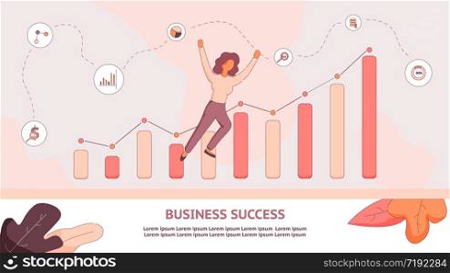 Banner Illustration Girl Rejoices Business Success. Flat Vector Happy Young Woman Enthusiastically Jumping. Financial Growth Chart. Good Deal. Economic Indicator. Company Profit Chart.